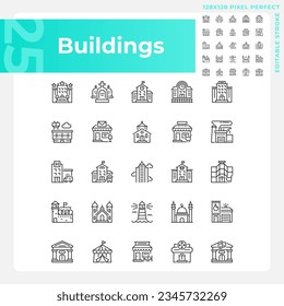 Pixel perfect black icons set representing various buildings, editable thin line illustration.
