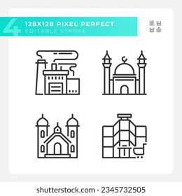 Pixel perfekte schwarze Symbole für verschiedene Gebäude, bearbeitbare dünne Linie Illustration.