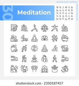 Pixel perfect black icons set representing meditation, editable thin line wellness illustration.