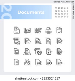 Pixel perfekte schwarze Symbole, die Dokument darstellen, bearbeitbare dünne Linie Illustration.