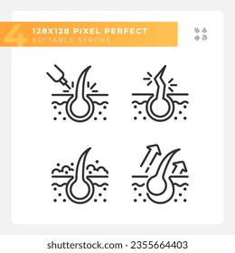 Pixel perfecto conjunto de iconos negros que representan el cuidado del pelo, ilustración de línea delgada personalizable.