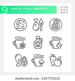 Iconos de color negro perfectos de Pixel conjunto de ilustración lineal delgada, sin alérgeno, editable.