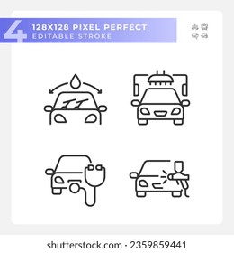 Pixel perfect black icons set representing car repair and service, editable thin linear illustration.