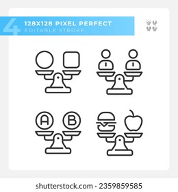 Pixel perfect black icons set of comparisons, editable thin linear illustration.