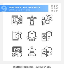 Pixel perfect black icons set of VR, AR and MR, editable thin linear illustration.