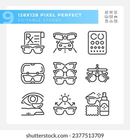 Pixel perfect black icons set of eye care, editable thin linear illustration.