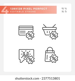 Pixel perfect black icons set of discounts, customizable thin line illustration.