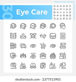 Pixel perfect black icons set representing eye care, editable thin line illustration.