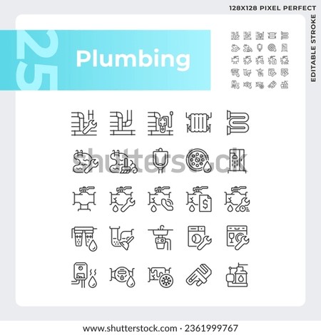 Pixel perfect black icons set representing plumbing, editable thin line illustration.