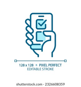 Pixel perfect blue icon of hand voting through smartphone, isolated editable vector representing online voting