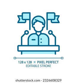 Pixel perfect blue icon representing election candidate with banner, isolated vector illustration of voting, editable sign.