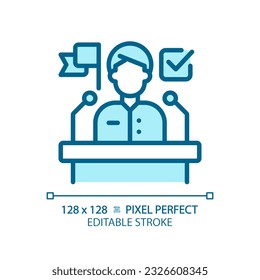 Pixel perfect blue icon representing election candidate with banner and checkmark , isolated vector illustration of voting, editable sign.