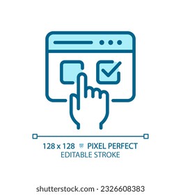 Icono azul perfecto que representa el voto electrónico, ilustración vectorial aislada, signo de ciberseguridad electoral editable.