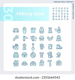 Pixel perfect blue icons collection representing hiking gear, editable isolated thin line illustration.