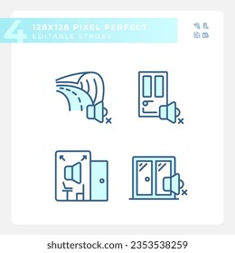 Pixel perfect blue icons pack representing soundproofing, editable thin line illustration.
