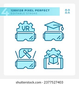 Pixel perfect blue icons pack of VR, AR and MR, editable thin linear illustration.