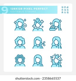 Iconos de color azul perfecto que representan el cuidado del pelo, conjunto de ilustraciones monocromáticas lineales finas editables.