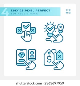 Pixel perfect blue icons representing comparisons, editable thin line illustration set.