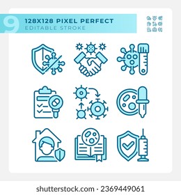 Pixel perfect blue icons representing bacteria, editable thin line illustration set.