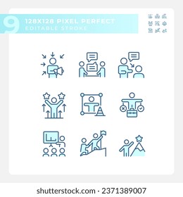 Pixel perfect blue icons representing soft skills, editable thin line illustration set.