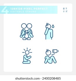 Pixel perfect blue icons representing psychology, editable thin line illustration set.