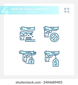 Iconos azul perfectos de píxeles que representan armas, conjunto de ilustraciones de línea delgada editable.