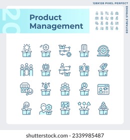 Pixel perfect blue icons set representing product management, editable thin line illustration.