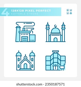 Pixel perfect blue icons set representing various buildings, editable thin line illustration.