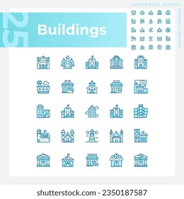 Pixel perfect blue icons set representing various buildings, editable thin line illustration.