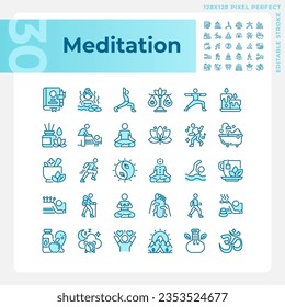 Pixel perfect blue icons set representing meditation, editable thin line wellness illustration.