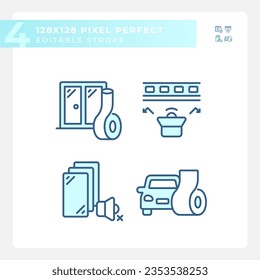 Iconos azul perfectos de píxeles que representan la insonorización y la editable ilustración de línea delgada.