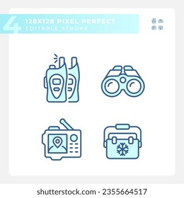 Iconos de color azul perfectos de píxeles que representan el engranaje de senderismo, editable ilustración lineal delgada aislada.