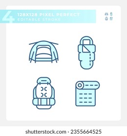 Pixel perfect blue icons set of hiking gear, editable isolated thin linear creative illustration.