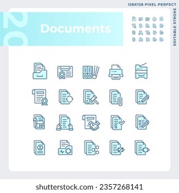 Pixel perfect blue icons set representing document, editable thin line illustration.