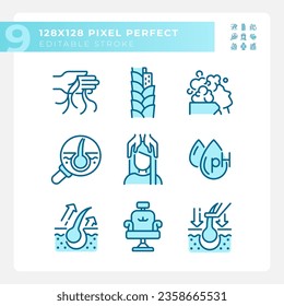 Pixel perfect blue icons set of haircare, editable thin linear creative monochromatic illustration.