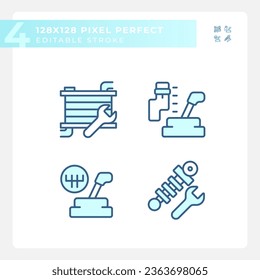 Pixel perfekte blaue Symbole, die Autovermietung und Service darstellen, bearbeitbare Dünnzeilengrafik.