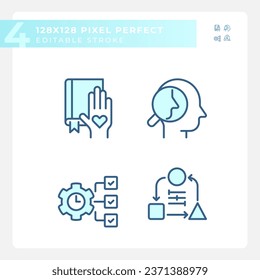 Pixel perfect blue icons set of soft skills, editable thin linear illustration.