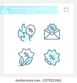 Pixel perfekte blaue Symbole, die Rabatte darstellen, bearbeitbare dünne Linie Illustration.