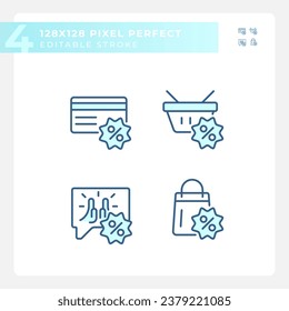 Pixel perfect blue icons set of discounts, editable thin line illustration.