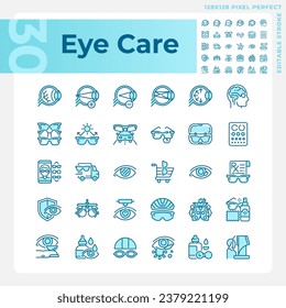 Pixel perfect blue icons set representing eye care, editable thin line illustration.