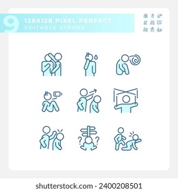 Pixel perfekte blaue Symbole, die Psychologie repräsentieren, bearbeitbare dünne Linie Illustration.