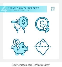 Iconos azules perfectos de píxeles que representan crisis económica, ilustración de línea delgada editable.