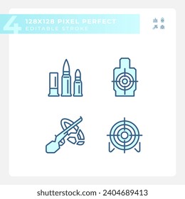 Pixel perfect blue icons set of weapons, editable thin line illustration.