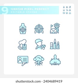 Pixel perfect blue icons set representing weapons, editable thin line illustration.