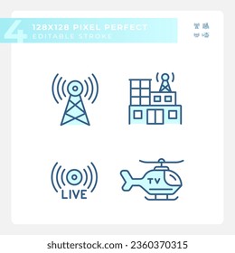 Pixel perfect blue simple icons collection representing journalism, editable thin linear illustration.