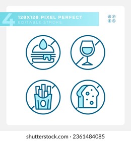 Pixel perfect blue simple icons collection representing allergen free, editable thin linear illustration.