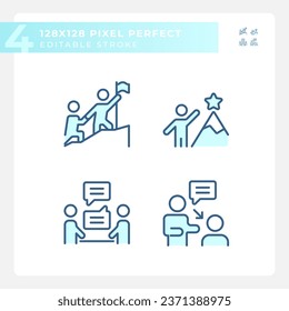Pixel perfekte blaue Icons Kollektion, die weiche Fähigkeiten repräsentiert, bearbeitbare dünne lineare Illustration.
