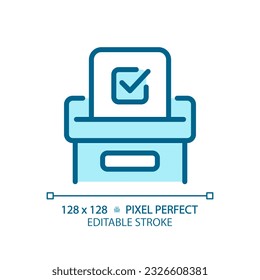 Pixel perfect blue voting icon with checkmark, isolated vector illustration, editable election sign.