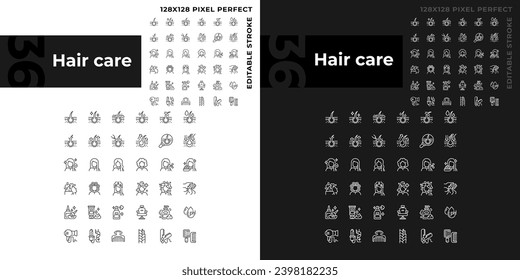 Colección de iconos de luz y oscuridad perfecta de píxeles que representan el cuidado del pelo, ilustración de línea delgada editable.