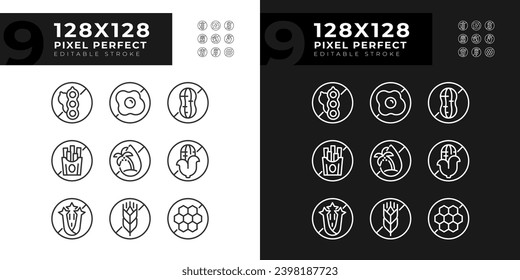 Pixel perfect dark and light icons representing allergen free, editable thin line illustration set.